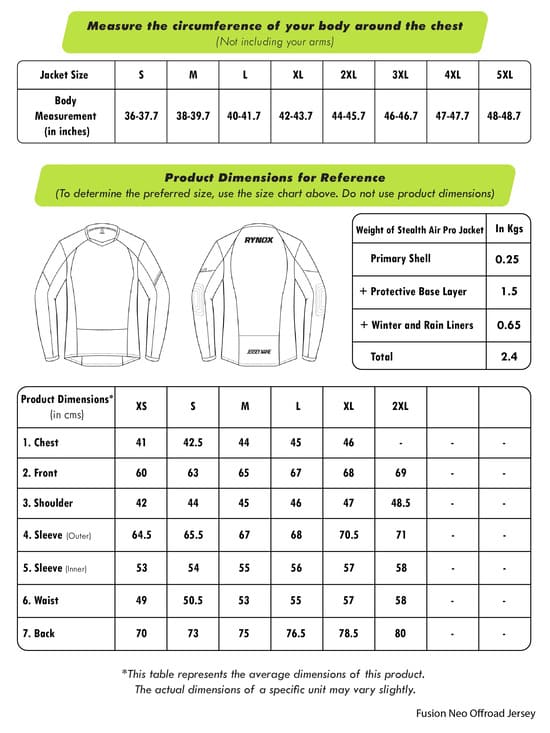 Rynox Frontier Pro Offroad Jersey Size Chart
